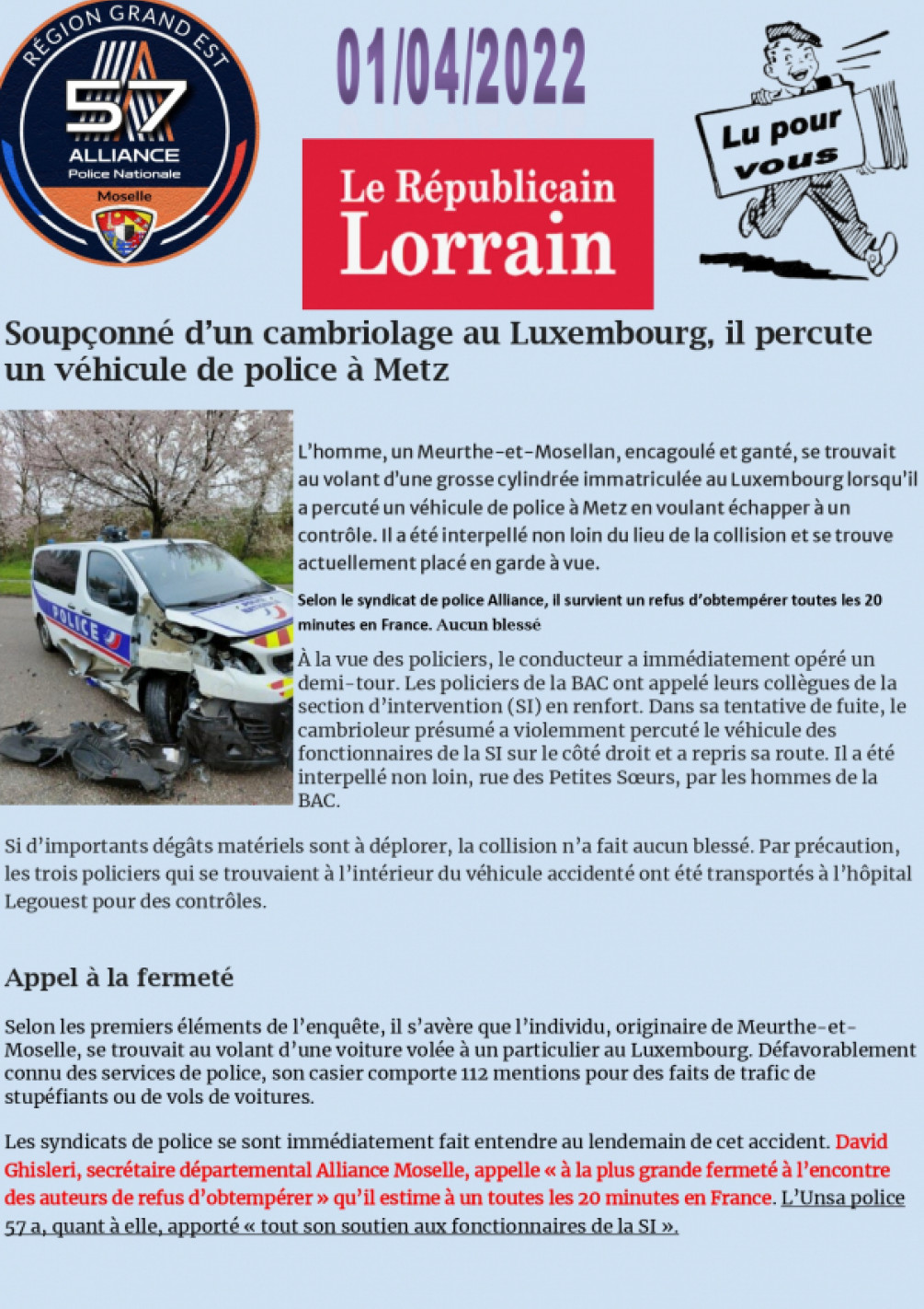Véhicule police percuté Metz