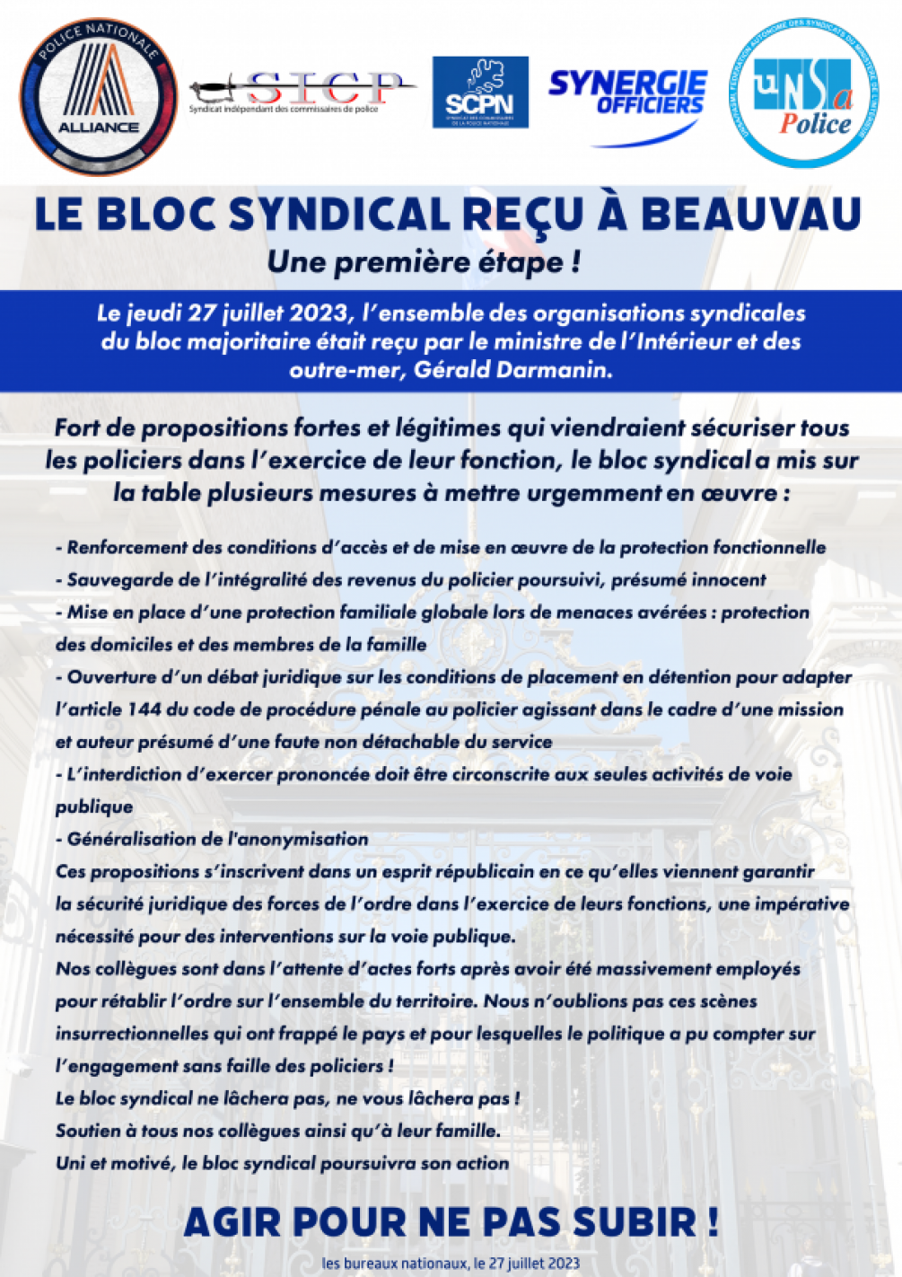 Le bloc syndical reçu à Beauvau : nos revendications !