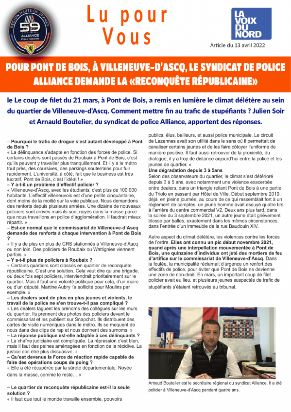 POUR PONT DE BOIS, À VILLENEUVE-D’ASCQ, LE SYNDICAT DE POLICE ALLIANCE DEMANDE LA «RECONQUÊTE RÉPUBLICAINE» 