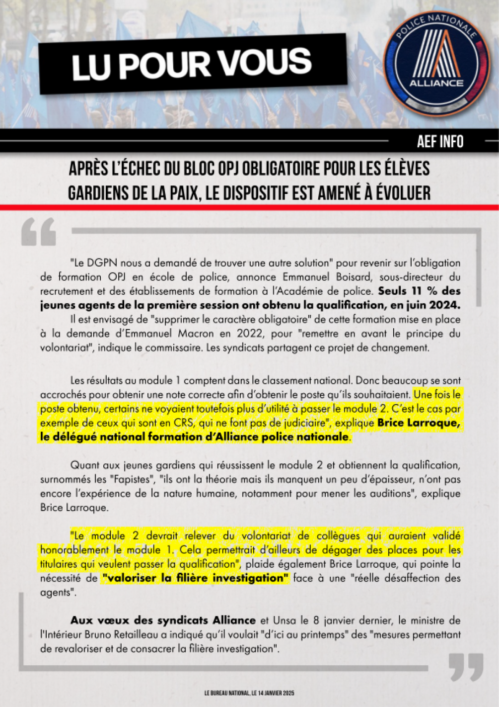 Après l’échec du bloc OPJ obligatoire pour les élèves gardiens de la paix, le dispositif est amené à évoluer (AEF Info)