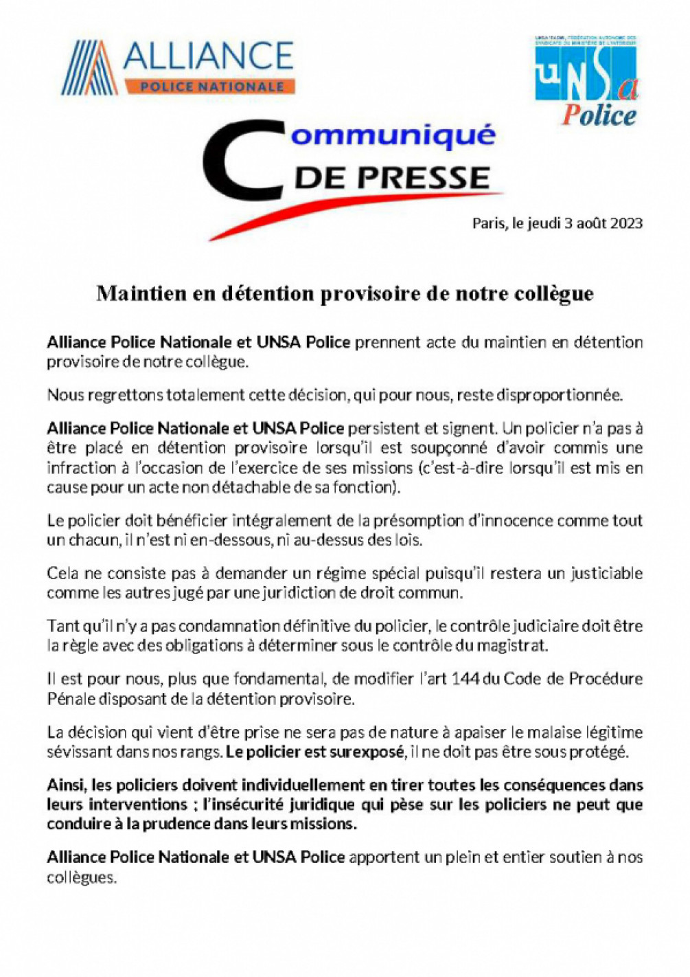 Communiqué de presse - Maintien en détention provisoire de notre collègue