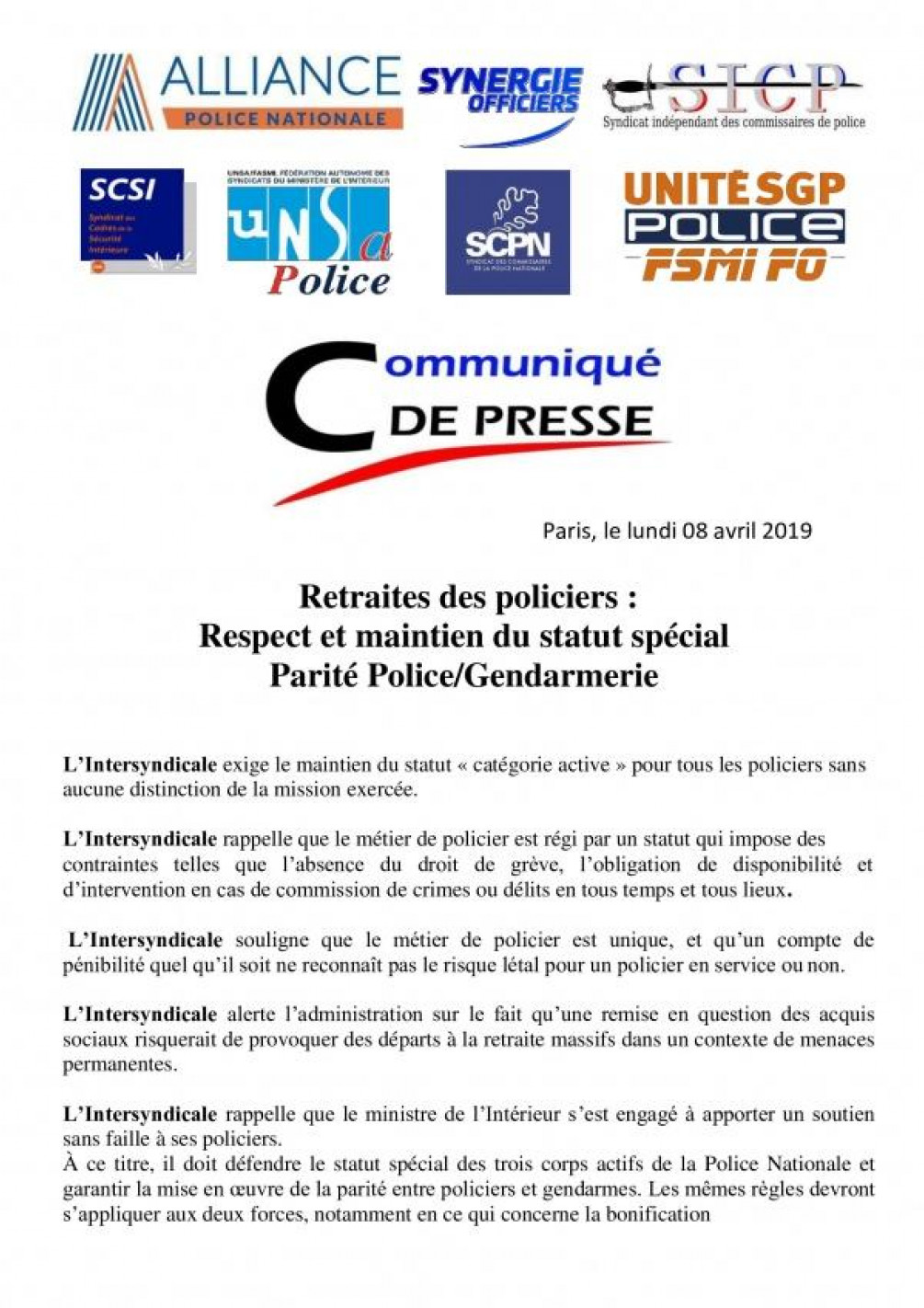 COMMUNIQUÉ DE PRESSE 08/04/2019