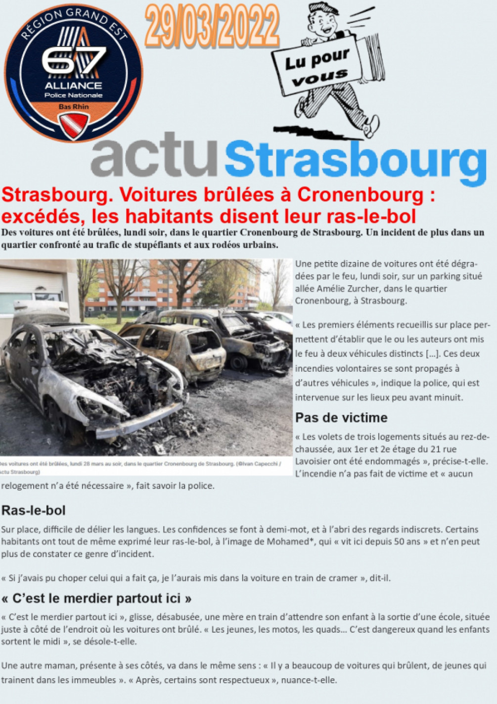 Actu Strasbourg : Véhicules brûlés Cronenbourg
