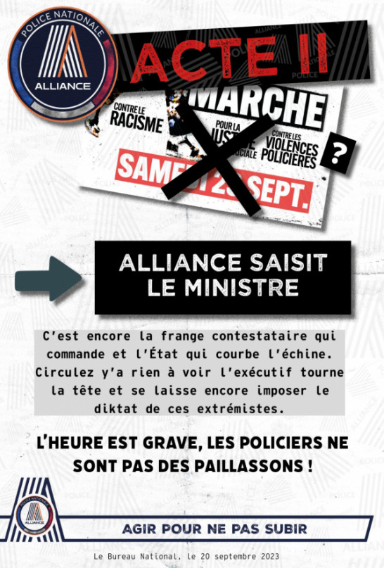 Acte II - Alliance saisit le Ministre, l'heure est grave. Les policiers ne sont pas des paillassons