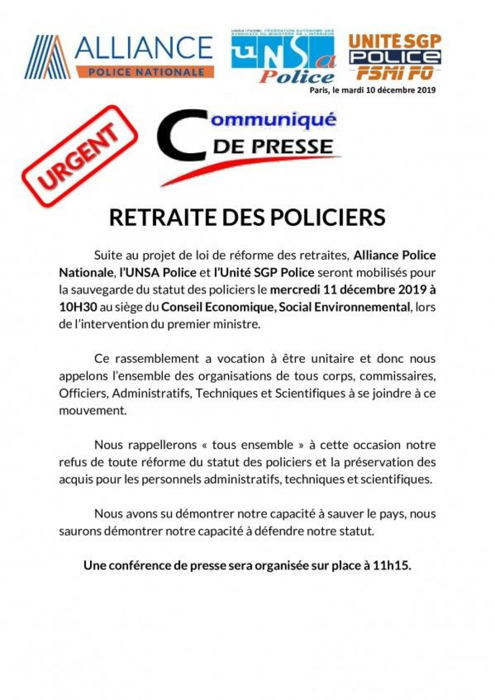COMMUNIQUÉ DE PRESSE 10/12/2019
